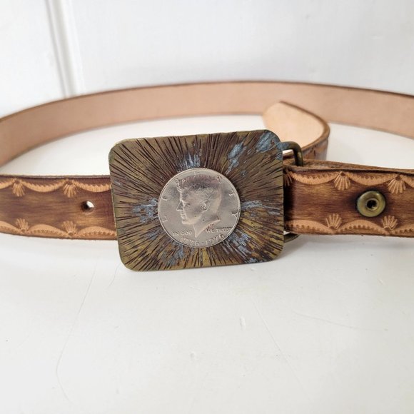 Tooled Leather Belt with Kennedy Coin Buckle - Picture 2 of 6